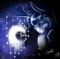 Size: 2002x1951 | Tagged: safe, artist:cune-roos, imported from derpibooru, princess luna, alicorn, pony, beautiful, bust, crying, dangling, dark, ethereal mane, eyes closed, female, glowing, highlights, horn, long horn, mare, moon, night, sad, signature, solo, starry mane, stars, tangible heavenly object, teary eyes