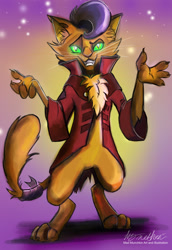 Size: 2031x2954 | Tagged: safe, artist:mad munchkin, imported from derpibooru, capper dapperpaws, abyssinian, anthro, my little pony: the movie, bipedal, charm, chest fluff, clothes, coat, handsome, male, paws, signature, smiling, solo