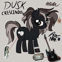 Size: 4608x4608 | Tagged: safe, artist:iamaveryrealperson, imported from derpibooru, oc, oc only, oc:dusk crescendo, pony, unicorn, bracelet, closed mouth, colored, cutie mark, doodle, ear piercing, eyelashes, female, guitar, horn, jewelry, looking sideways, mare, multicolored hair, multicolored mane, multicolored tail, musical instrument, name, photo, piercing, ponified, reference sheet, scar, simple background, smiling, solo, standing, tail, text, trans female, transgender, transgender oc, unicorn horn, unicorn oc