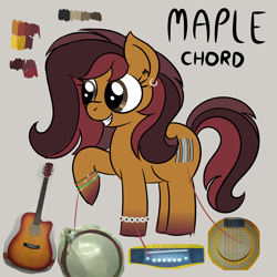 Size: 4608x4608 | Tagged: safe, artist:iamaveryrealperson, imported from derpibooru, oc, oc only, oc:maple chord, earth pony, pony, bracelet, closed mouth, colored, cutie mark, doodle, ear piercing, earth pony oc, eyelashes, female, gradient hooves, guitar, jewelry, lesbian, looking sideways, mare, multicolored hair, multicolored mane, multicolored tail, musical instrument, name, photo, piercing, ponified, reference sheet, simple background, smiling, solo, standing, tail, teeth, text