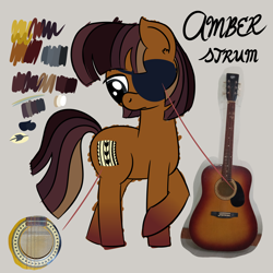 Size: 4608x4608 | Tagged: safe, artist:iamaveryrealperson, imported from derpibooru, oc, oc only, oc:amber strum, earth pony, pony, anxious, colored, cutie mark, doodle, earth pony oc, eyelashes, eyepatch, genderfluid, gradient hooves, guitar, looking down, multicolored hair, multicolored mane, multicolored tail, musical instrument, name, photo, ponified, reference sheet, simple background, solo, standing, tail, text