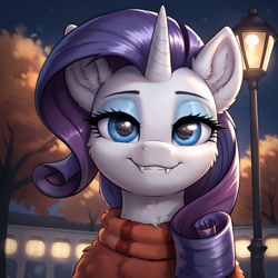 Size: 1024x1024 | Tagged: safe, imported from derpibooru, rarity, ai content, ai generated, autumn, city, clothes, ear fluff, fangs, generator:pony diffusion v6 xl, generator:stable diffusion, makeup, outdoors, prompter:thelight3d, smiling, street lamp