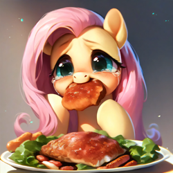 Size: 4096x4096 | Tagged: safe, imported from derpibooru, fluttershy, pegasus, pony, ai assisted, ai content, ai generated, blushing, crying, cute, eating, food, generator:stable diffusion, green eyes, meat, pink mane, pony eating meat, prompter:saltyvity, simple background, solo, steak