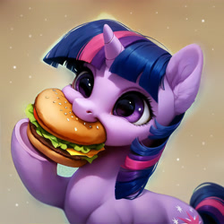 Size: 4096x4096 | Tagged: safe, imported from derpibooru, twilight sparkle, pony, unicorn, ai assisted, ai content, ai generated, blue mane, burger, cute, detailed hair, eating, food, funny, generator:purplesmart.ai, generator:stable diffusion, happy, horn, prompter:saltyvity, purple eyes, simple background, smiling, solo