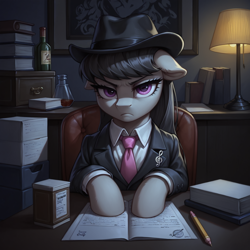 Size: 1536x1536 | Tagged: safe, imported from derpibooru, octavia melody, earth pony, pony, ai content, ai generated, blazer, book, bottle, clothes, collared shirt, cutie mark accessory, desk, dim light, document, fedora, female, floppy ears, frown, generator:bluefox mix, generator:stable diffusion, glare, glass bottle, hat, hooves on the table, indoors, jacket, lamp, looking at you, mafia, mafia octavia, mare, necktie, octavia is not amused, office, paper, pencil, pin, prompter:tyto4tme4l, serious, serious face, shirt, solo, song in the description, unamused, upper body, wine bottle, youtube link in the description