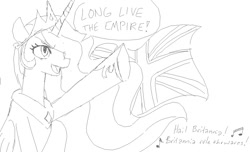 Size: 985x600 | Tagged: safe, artist:planetofjunk, imported from derpibooru, princess celestia, alicorn, pony, hair over one eye, monochrome, old art, politics, rule britannia!, scottish independence, sketch, solo, speech bubble, union jack