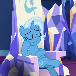 Size: 1080x1080 | Tagged: safe, edit, edited screencap, editor:marefieber, imported from derpibooru, screencap, trixie, pony, unicorn, all bottled up, season 7, chair, cropped, crossed legs, crystal, eyes closed, female, hoof on chest, hoof to cheek, horn, mare, raised hoof, relaxing, sitting, smiling, smirk, smug, solo, trixie's cutie mark, twilight's castle