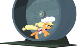 Size: 960x604 | Tagged: safe, imported from derpibooru, screencap, applejack, earth pony, pony, apron, bag, cherry, clothes, food, frown, frowned face, galloping, hat, png, running, simple background, the last round-up, transparent background, treadmill, wheel