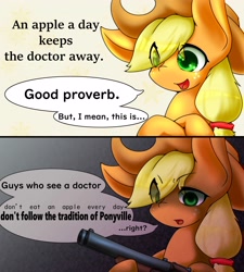 Size: 3150x3500 | Tagged: safe, artist:zemlya, imported from derpibooru, applejack, earth pony, pony, 2 panel comic, comic, eye clipping through hair, female, gun, shotgun, solo, speech bubble, uh oh, weapon