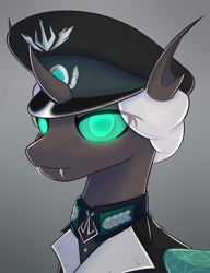 Size: 2332x3040 | Tagged: safe, artist:floppochkin, imported from derpibooru, oc, oc:kitu elder, changeling, changeling queen, equestria at war mod, bust, cap, clothes, female, gray coat, hat, insect wings, jewelry, medallion, military uniform, necklace, portrait, teal eyes, uniform, white mane, wings