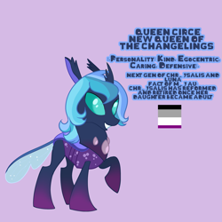 Size: 2997x2997 | Tagged: safe, artist:cookie-ruby, imported from derpibooru, oc, oc only, changedling, changeling, changeling queen, asexual pride flag, changedling oc, changedling queen, changeling oc, female, pride, pride flag, reference sheet, solo