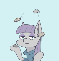 Size: 3618x3735 | Tagged: safe, artist:tkshoelace, imported from derpibooru, maud pie, earth pony, pony, blue background, catching, clothes, ear fluff, eyeshadow, female, juggling, lidded eyes, makeup, mare, raised hoof, raised leg, rock, simple background, smiling, solo, throwing