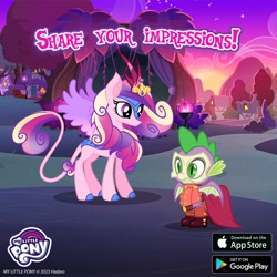 Size: 1080x1080 | Tagged: safe, imported from derpibooru, princess cadance, spike, alicorn, dragon, kirin, gameloft