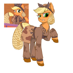 Size: 2048x2048 | Tagged: safe, artist:jianqiangjianqiang379, imported from derpibooru, applejack, earth pony, pony, alternate timeline, clothes, crystal war timeline, dirty, female, hair ribbon, long sleeves, mare, pants, raised hoof, reference used, ribbon, shirt, simple background, solo, unshorn fetlocks, white background