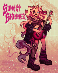 Size: 640x800 | Tagged: safe, artist:corstella, imported from derpibooru, sunset shimmer, anthro, plantigrade anthro, unicorn, female, guitar, horn, musical instrument, solo