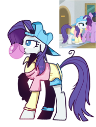 Size: 1668x2224 | Tagged: safe, artist:xinjinjumin652118129541, imported from derpibooru, rarity, pony, unicorn, alternate hairstyle, backwards cap, bubblegum, clothes, collared shirt, disguise, female, food, gum, horn, leg strap, mare, plainity, reference used, shirt, shorts, simple background, text, white background