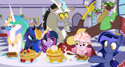 Size: 1280x684 | Tagged: safe, artist:velveagicsentryyt, imported from derpibooru, discord, princess celestia, princess luna, twilight sparkle, oc, oc:batty, oc:eclipse sparkle, alicorn, hybrid, pony, food, indoors, interspecies offspring, offspring, pancakes, parent:discord, parent:twilight sparkle, parents:discolight, twilight sparkle (alicorn)