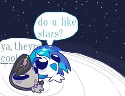 Size: 777x600 | Tagged: safe, artist:rlabbiy, imported from derpibooru, dj pon-3, octavia melody, vinyl scratch, earth pony, pony, unicorn, chibi, do u like stars?, duo, duo female, female, horn, lying down, mare, meme, on back, ponified, speech bubble, starry night, text