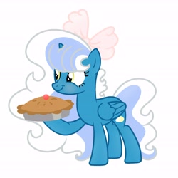 Size: 6890x6890 | Tagged: safe, artist:riofluttershy, imported from derpibooru, oc, oc only, oc:fleurbelle, alicorn, pony, alicorn oc, blushing, bow, female, food, hair bow, holding, horn, mare, pie, pink bow, simple background, smiling, solo, tail, two toned hair, two toned mane, two toned tail, white background, wings, yellow eyes