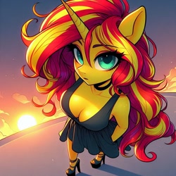 Size: 1024x1024 | Tagged: safe, imported from derpibooru, sunset shimmer, anthro, equestria girls, ai content, ai generated, angle, breasts, choker, cleavage, clothes, dress, evening, female, generator:bing image creator, generator:dall-e 3, hand in pocket, high heel sandals, high heels, looking at you, platform heels, prompter:glimmy-glam, rooftop, sandals, shoes, sleeveless, solo, solo female, sunset