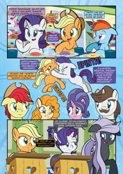 Size: 1920x2715 | Tagged: safe, artist:alexdti, imported from derpibooru, applejack, bright mac, cookie crumbles, hondo flanks, pear butter, rainbow dash, rarity, oc, earth pony, pegasus, pony, unicorn, comic:how we met (italian), female, filly, filly applejack, filly rarity, foal, horn, younger