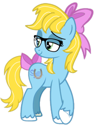 Size: 720x919 | Tagged: safe, artist:lucky bolt, artist:pegasski, imported from derpibooru, oc, oc only, oc:lucky breeze, earth pony, pony, base used, bow, crossed legs, cutie mark, eyeshadow, feathered fetlocks, female, fusion, glasses, green eyes, hair bow, makeup, next generation, oc fusion, simple background, solo, tail, tail bow, transparent background