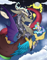 Size: 3380x4318 | Tagged: safe, artist:asscadoodle, imported from derpibooru, discord, princess celestia, alicorn, draconequus, armor, captured, outdoors