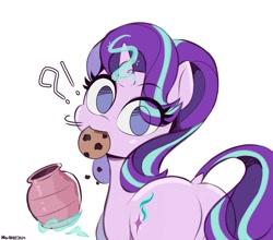 Size: 2004x1760 | Tagged: safe, artist:aceslingerexo, imported from derpibooru, starlight glimmer, pony, unicorn, butt, caught, cookie, cookie jar, cookie thief, cute, dock, exclamation point, eye clipping through hair, female, food, glimmer glutes, glimmerbetes, horn, interrobang, looking at you, magic, mare, mouth hold, no pupils, nom, plot, question mark, simple background, solo, tail, telekinesis, white background