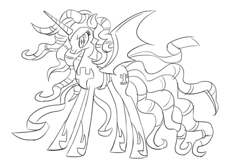 Size: 874x572 | Tagged: safe, imported from derpibooru, cozy glow, alicorn, pony, leak, alicornified, concept art, cozycorn, giant demon alicorn cozy glow, monochrome, race swap, sketch, solo