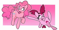 Size: 3488x1801 | Tagged: safe, artist:kindakismet, imported from derpibooru, pinkie pie, earth pony, pony, abstract background, crossover, duo, ponified, spinel (steven universe), steven universe