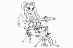 Size: 9929x6600 | Tagged: safe, artist:ciaran, derpibooru exclusive, imported from derpibooru, aria blaze, anthro, siren, equestria girls, clothes, coat, disguise, disguised, disguised siren, drum kit, drums, drumsticks, eye clipping through hair, eyebrows, eyebrows visible through hair, female, frown, gem, inked, jewelry, lineart, looking at you, musical instrument, my little pony equestria girls: rainbow rocks, necklace, pony ears, ponytail, rainbow rocks 10th anniversary, shirt, shoes, simple background, siren gem, skirt, spiked headband, white background