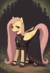 Size: 832x1216 | Tagged: safe, imported from derpibooru, pegasus, pony, ai content, ai generated, clothes, cross, cross necklace, dress, jewelry, long mane, looking at you, necklace, prompter:thehyperinsectoid, solo