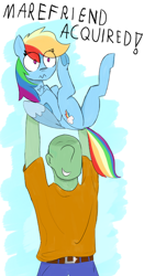 Size: 664x1263 | Tagged: safe, artist:theonlyone, imported from derpibooru, rainbow dash, oc, oc:anon, human, pegasus, pony, duo, featureless crotch, happy, holding a pony, hooves together, simple background, worried