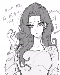 Size: 1638x2048 | Tagged: safe, artist:rlhl022_2, imported from derpibooru, rarity, human, black and white, ear piercing, earring, eye clipping through hair, eyebrows, eyebrows visible through hair, female, grayscale, humanized, jewelry, korean, monochrome, piercing, sketch, solo, translation request