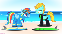 Size: 2963x1657 | Tagged: safe, artist:stephen-fisher, imported from derpibooru, lightning dust, rainbow dash, pegasus, pony, beach, clothes, duo, duo female, female, folded wings, goggles, ocean, surfboard, surfing, uniform, washouts uniform, water, wings, wonderbolts uniform