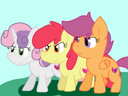 Size: 1097x827 | Tagged: safe, artist:cmara, imported from derpibooru, apple bloom, scootaloo, sweetie belle, earth pony, pegasus, unicorn, cutie mark crusaders, female, horn, trio, trio female