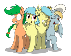 Size: 2520x1989 | Tagged: safe, artist:eels, oc, oc only, oc:fair flyer, oc:matinee, oc:morning mimosa, oc:soiree, earth pony, pegasus, braces, braid, con mascot, featured image, female, glasses, group photo, hat, mare, mare fair, smiling, wings