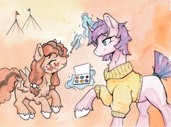 Size: 4498x3345 | Tagged: safe, artist:lightisanasshole, imported from derpibooru, oc, oc only, oc:fan brush, oc:poffertje, pegasus, pony, unicorn, abstract background, clothes, horn, painting, ponycon holland, sweater, traditional art, watercolor painting