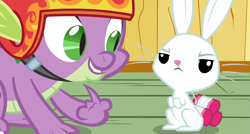 Size: 1719x923 | Tagged: safe, imported from derpibooru, screencap, angel bunny, spike, dragon, rabbit, just for sidekicks, animal, clubhouse, helmet, out of context