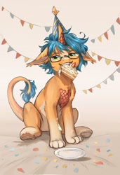 Size: 1248x1824 | Tagged: safe, artist:kirby_orange, imported from derpibooru, oc, oc:kirby orange, pony, unicorn, cake, ear fluff, fangs, food, gift art, glasses, happy birthday, hat, hooves, horn, male, orange body, paws, scales, short hair, sitting, smiling, tail