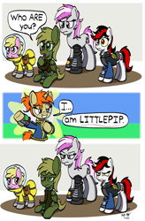 Size: 1250x1900 | Tagged: safe, artist:ebbysharp, imported from derpibooru, oc, oc:blackjack, oc:hired gun, oc:littlepip, oc:murky, oc:puppysmiles, earth pony, pegasus, unicorn, fallout equestria, fallout equestria: heroes, fallout equestria: murky number seven, fallout equestria: pink eyes, fallout equestria: project horizons, earth pony oc, fanfic art, horn, meme, minecraft, pegasus oc, unicorn oc, wings