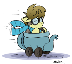 Size: 1398x1238 | Tagged: safe, artist:bobthedalek, imported from derpibooru, oc, oc only, oc:kettle master, earth pony, pony, car, clothes, driving, goggles, scarf, teapot