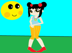 Size: 1147x850 | Tagged: safe, artist:disneyponyfan, artist:selenaede, imported from derpibooru, human, equestria girls, base used, closed mouth, clothes, equestria girls-ified, female, field, grass, grass field, hair bun, jewelry, kai-lan, mr. sun, necklace, ni hao kai-lan, outdoors, pants, shirt, shoes, short pants, smiling, space buns, younger