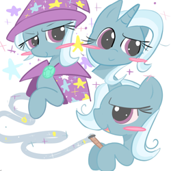 Size: 1600x1600 | Tagged: safe, artist:bonnboncakez, imported from derpibooru, trixie, pony, unicorn, blushing, cape, clothes, cute, diatrixes, female, hat, horn, side view, simple background, smiling, solo, sparkles, stars, trixie's cape, trixie's hat, white background