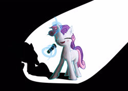 Size: 3037x2150 | Tagged: safe, artist:sharpieboss, imported from derpibooru, sweetie belle, pony, unicorn, eyes closed, female, horn, magic, microphone, shadow, simple background, singing, solo, spotlight, telekinesis