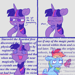 Size: 2963x2962 | Tagged: safe, artist:bishopony, imported from derpibooru, pinkie pie, rainbow dash, twilight sparkle, alicorn, earth pony, pegasus, pony, blush scribble, blushing, bust, cloven hooves, comic, dialogue, female, floppy ears, frown, high res, hoof on chin, implied starswirl, mare, meta humor, motormouth, no pupils, open mouth, open smile, smiling, text, trio, trio female, twilight sparkle (alicorn)