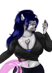 Size: 2893x4092 | Tagged: safe, artist:zsnowfilez, imported from derpibooru, oc, oc:belladonna nightshade, anthro, clothes, female, lipstick, magic tail, pants, shirt, simple background, solo, transparent background