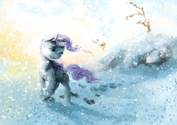 Size: 3508x2480 | Tagged: safe, artist:sharpieboss, imported from derpibooru, rarity, pony, unicorn, fanfic:sundowner season, female, horn, mare, outdoors, snow, snowfall, solo