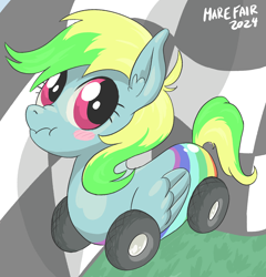 Size: 1200x1252 | Tagged: safe, artist:shrimpshogun, imported from derpibooru, oc, oc only, oc:wheely bopper, original species, pegasus, pony, wheelpone, 2024, mare fair, marefair2024, nostalgia, solo, wheel