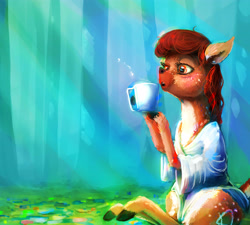 Size: 5000x4490 | Tagged: safe, artist:sharpieboss, imported from derpibooru, oc, oc only, oc:hazel nut, deer, :o, blowing, clothes, cup, fluffy, forest, freckles, hoof hold, nature, open mouth, robe, shirt, sitting, solo, tree